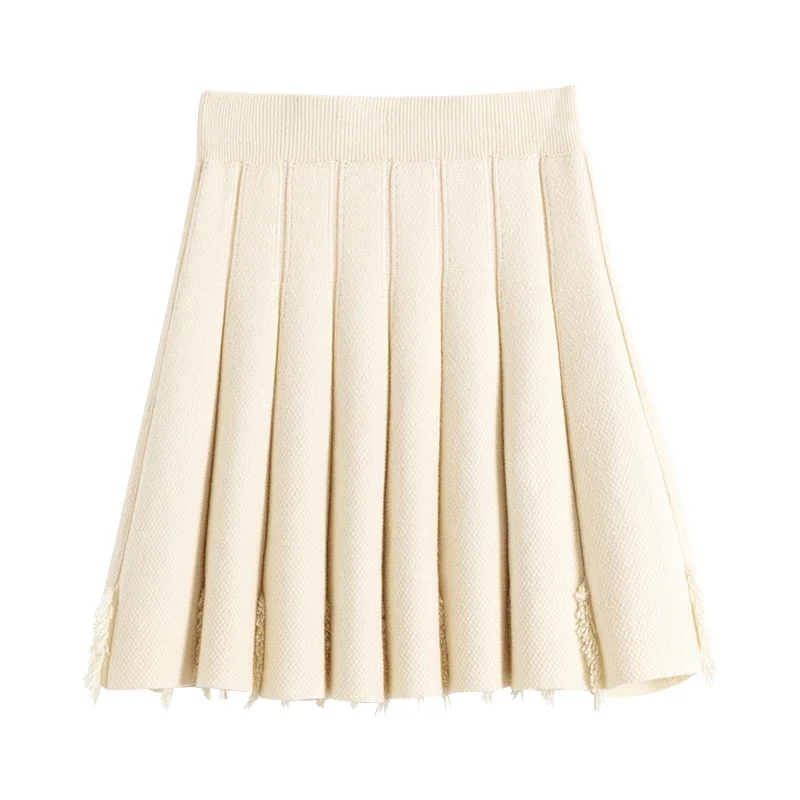 MiiiiX Office Lady Solid Color Knitted Pleated Skirt Women's 2024 Autumn Thickened High Waist A-line Short Skirt Female Clothes