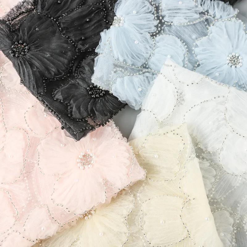 

High-end sparkling beaded embroidered lace 3D floral mesh fabric for DIY wedding dresses formal gowns stage performance costumes