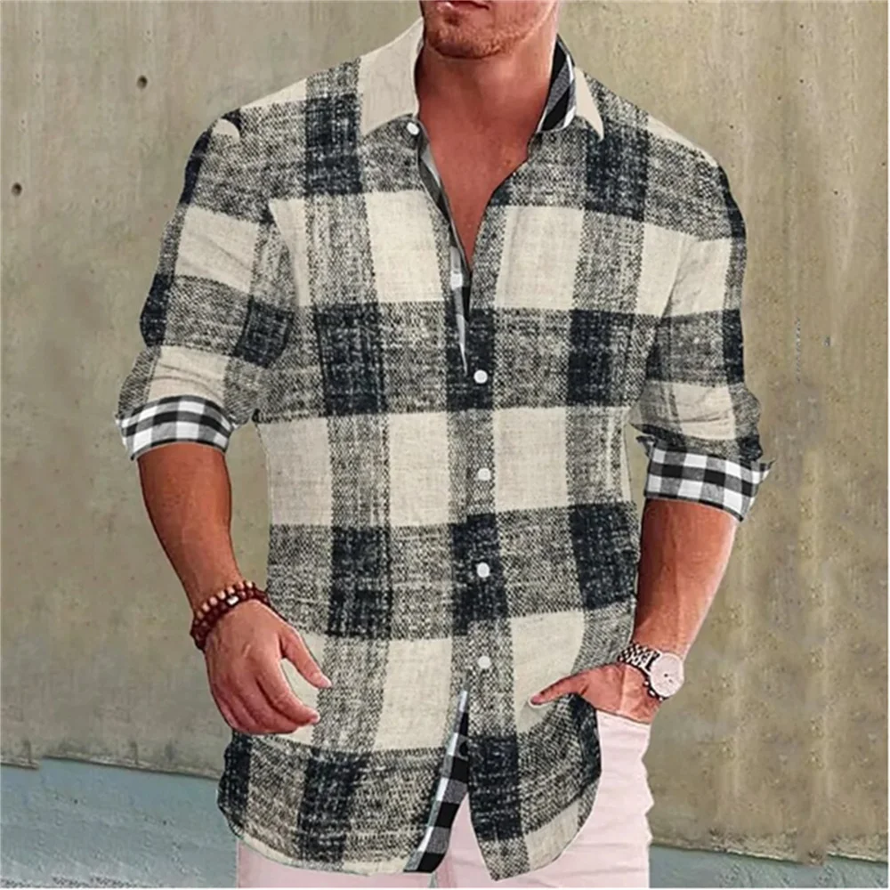 

Men's geometric square pattern retro printed collar button up shirt casual street play comfortable soft clothing plus size