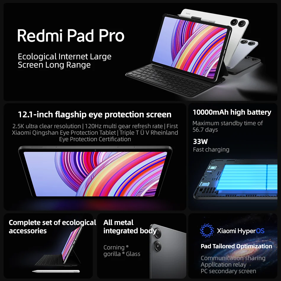 Новейший Xiaomi Redmi Pad Pro Snapdragon 7s Gen 2 Xiaomi HyperOS 12,1 \