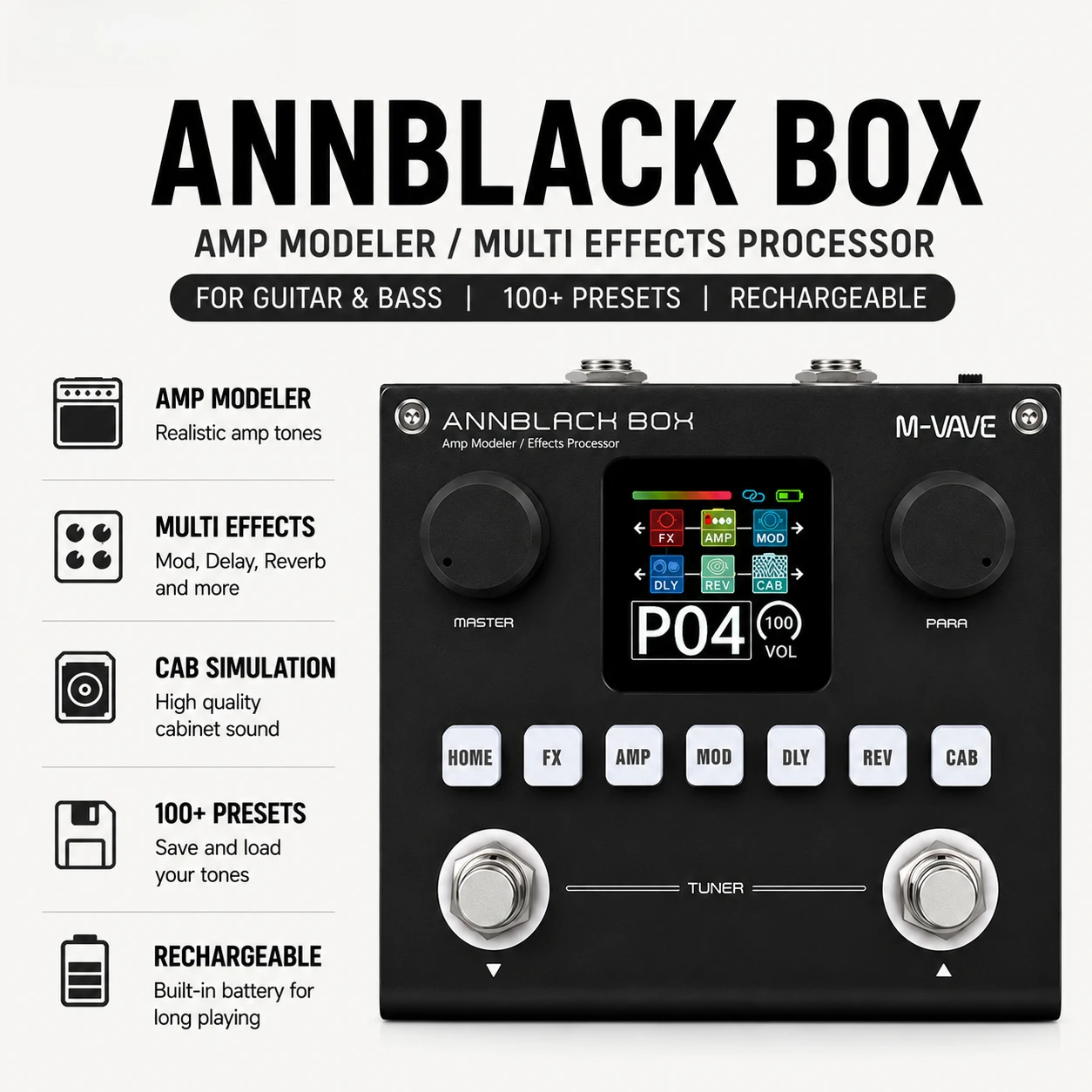 Effect Pedals Guitar / Bass AMP Modeler Multi Effects Processor Rechargeable for Electric Guitar Bass