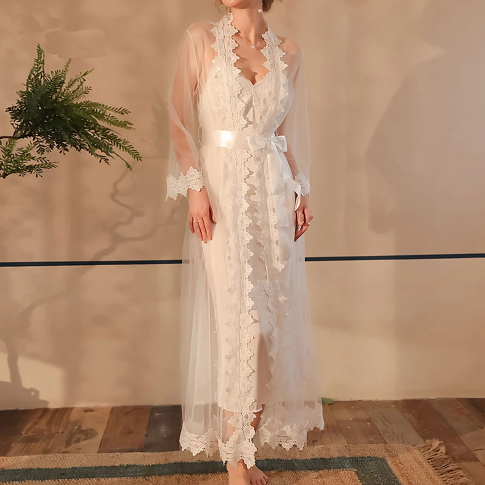 Women Silk Satin Lace Nightgown With Robes 2PCS Set for Women Long Sleeve Mesh Robe Sets 2 Piece Soft Full Length Sleepwear Sets - Image 3