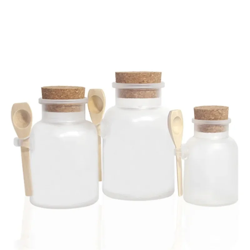 

10PCS*100/200/300ML Bath Salt Bottle ABS Matte Plastic with Cork Cover Wooden Spoon Mask Powder Cream Empty Refillable Container