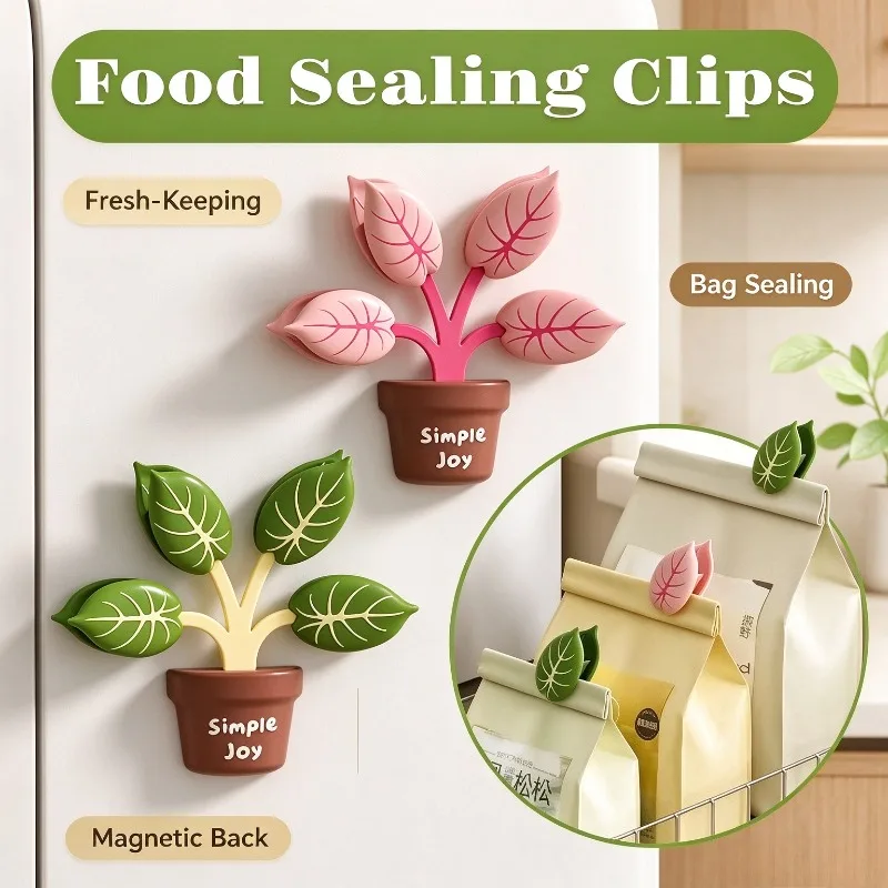 2-in-1 Bag Sealing Clips with Magnetic Creative Plants Reusable Food Bag Sealer Clips Fridge Magnet Home Decorations