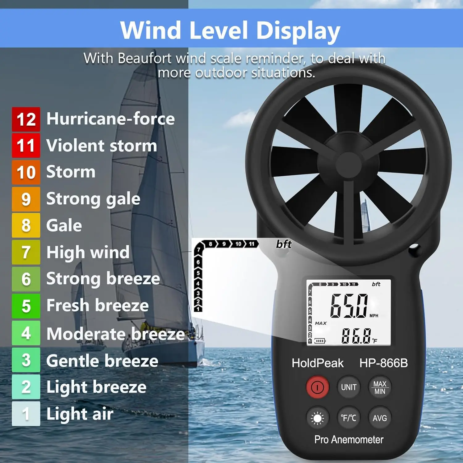 HoldPeak HP-866B anemometr cyfrowy ręczny miernik prędkości wiatru do pomiaru prędkość temperatura wiatru i chłód wiatru z podświetleniem