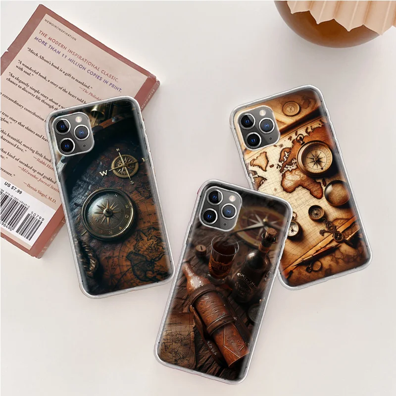 Ancient Maps Retro Compasses And Telescopes Phone Case For Iphone 14 13 15 16 Pro Max Plus Apple 11 12 Mini X XS Max XR Clear Co