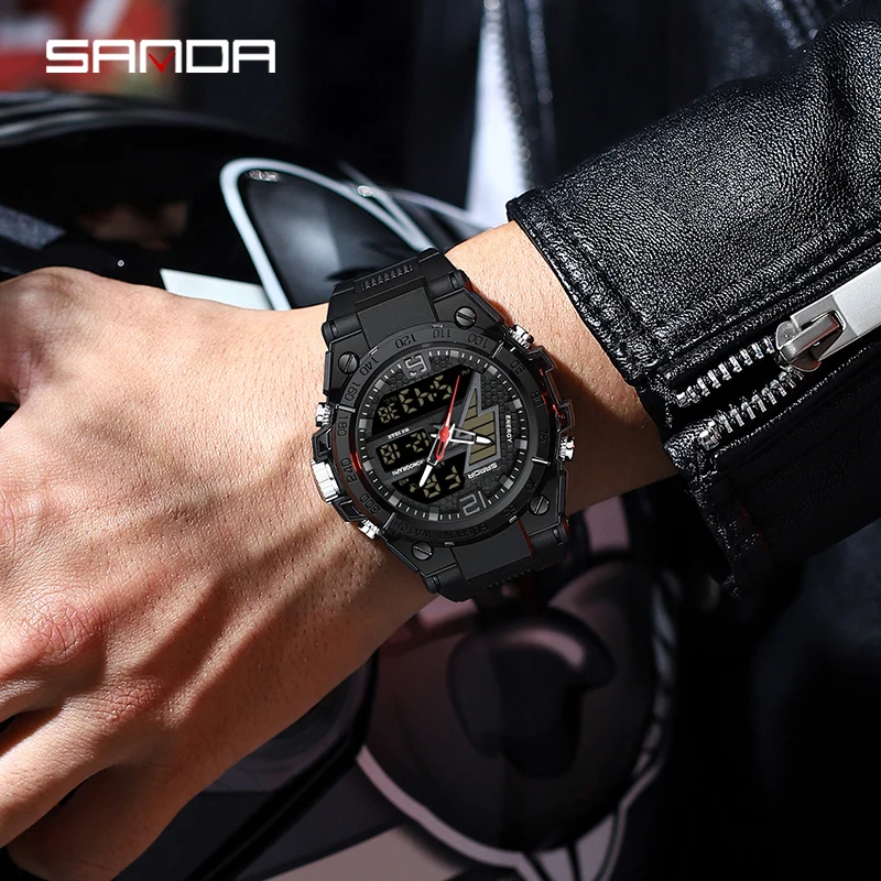 SANDA G Style Trendy Fashion Men\'s LED Analog Digital Alarm Wrist Watches 50M Waterproof Outdoor Sports Chronograph Quartz Clock