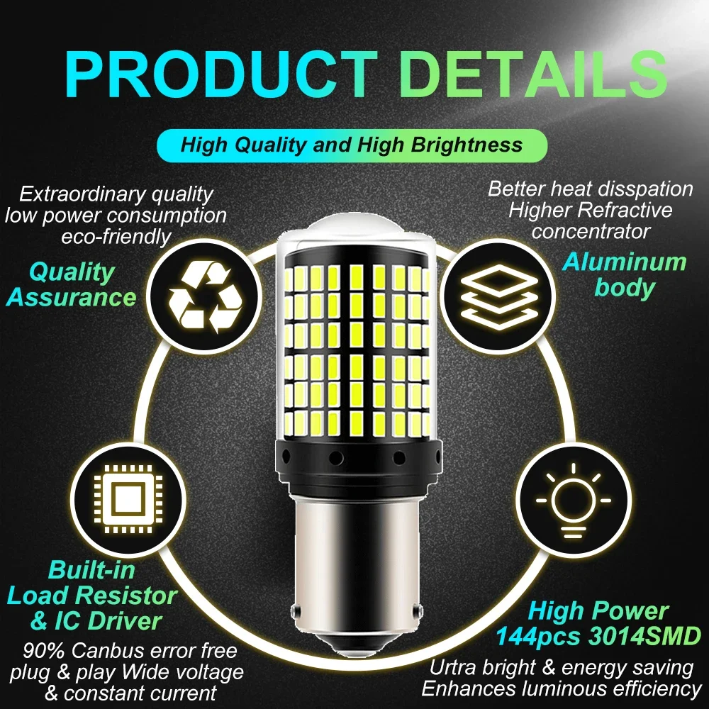 1pc 12V-24V sygnał świetlny 1156 BA15S P21W 1157 BAY15D P21/5W T20 7443 W21/5W 7440 W21W 144LED żarówka hamulec samochodowy lampa samochodowa włącz światła