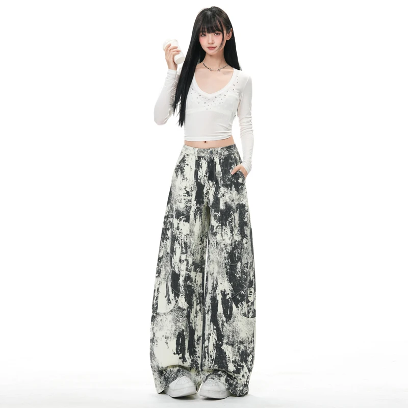 Women's Splash Ink Design Jeans Wide Leg Street Style Trendy Straight Floor Length Pants