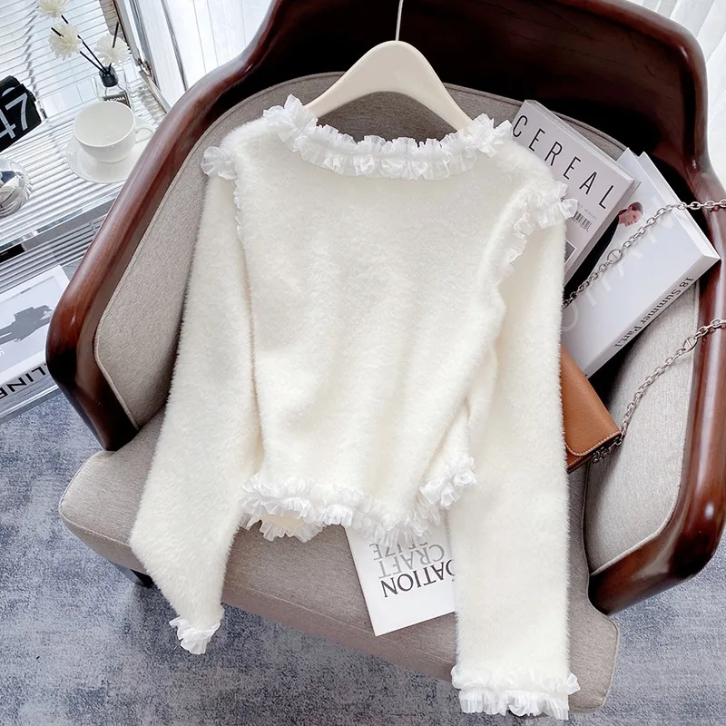 Mink Fleece Cardigan Sweater Coat Women New Design Ear Edge Lace Patchwork Short Jacket Female Double-Breasted Knitwear Top 3229