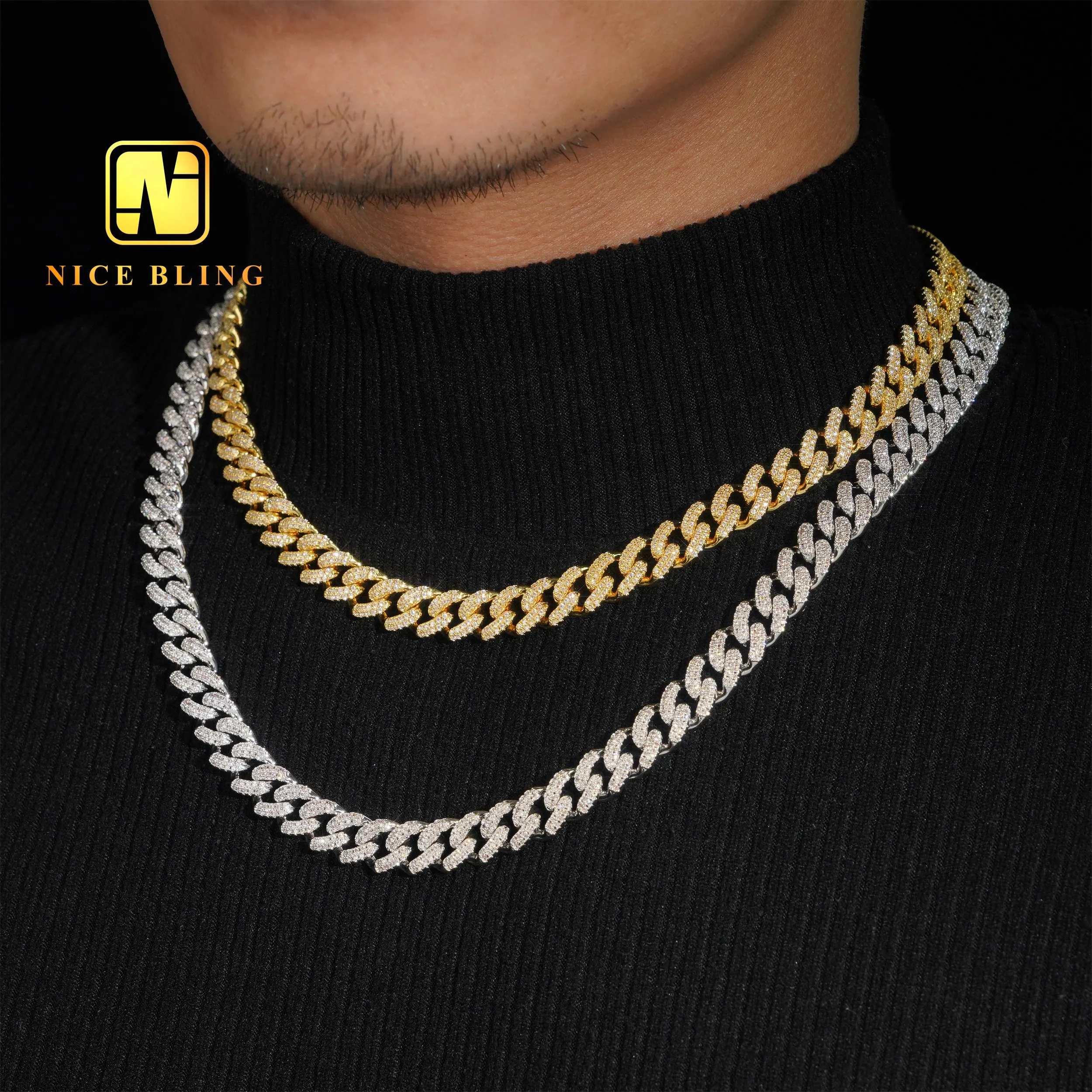 10mm Round Shape Miami Cuban Link Chains Hip Hop Necklaces Gold Plated Brass 5a Cz Diamond Cuban Chains Pendant Necklace for Men