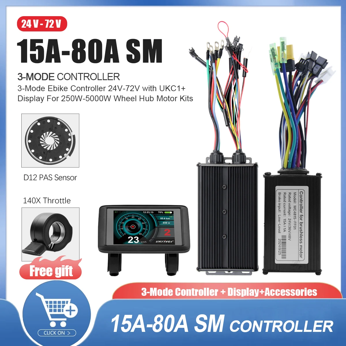 

36V-72V E-bike 3-mode Sine Wave 15A-80A Using Protocol 2 with UKC1+ Color Display for E-Scooter/Ebike Kit Parts