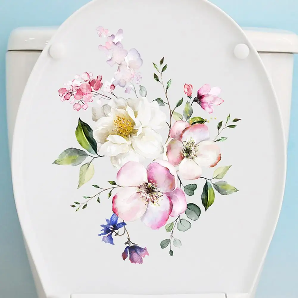 Toilet Lid Sticker Strong Stickiness PVC Waterproof Easy-peel Flower Theme Toilet Seat Decal Restroom Art Decoration Bathroom