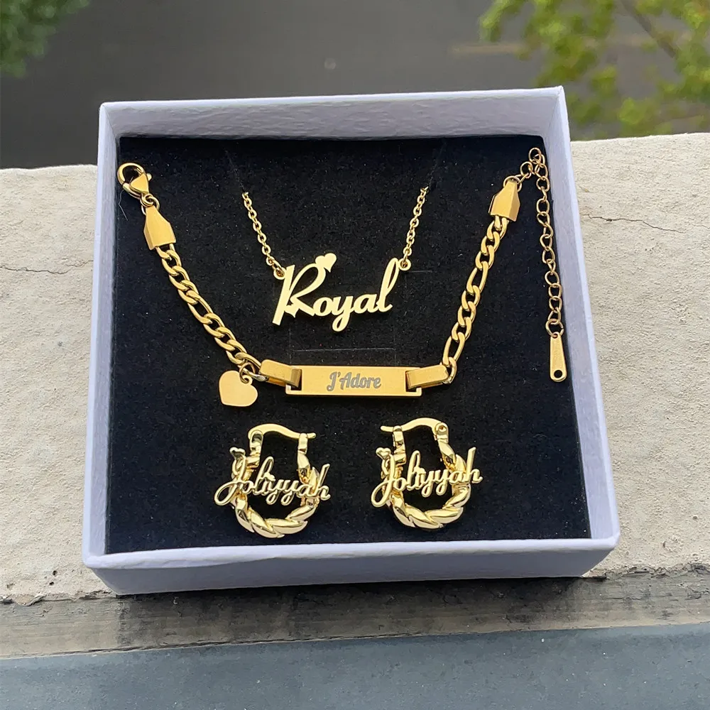 Lulu's Girls Custom Name Jewelry Set Nameplate Pendant Necklace Personality Mini Hoop Twist Earrings Heart Bracelet Gift