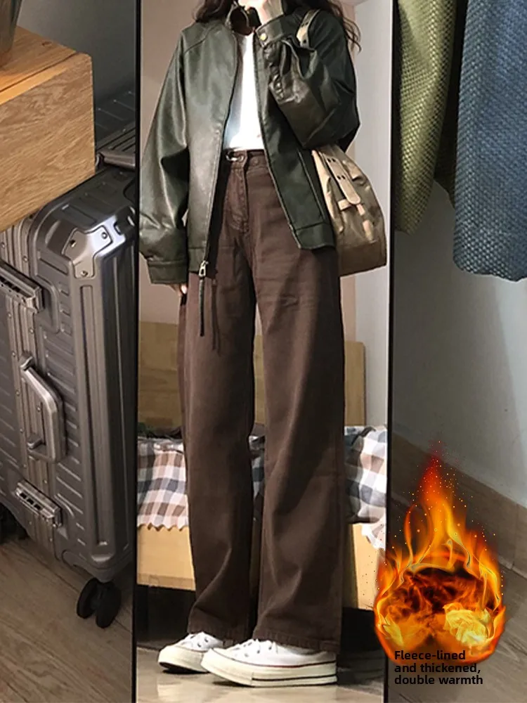 

Brown Fce Lined Wide Leg Jeans Women's Thiened Autumn Winter High Waist Slimming Floor Length Pants Drapey Straight Cut