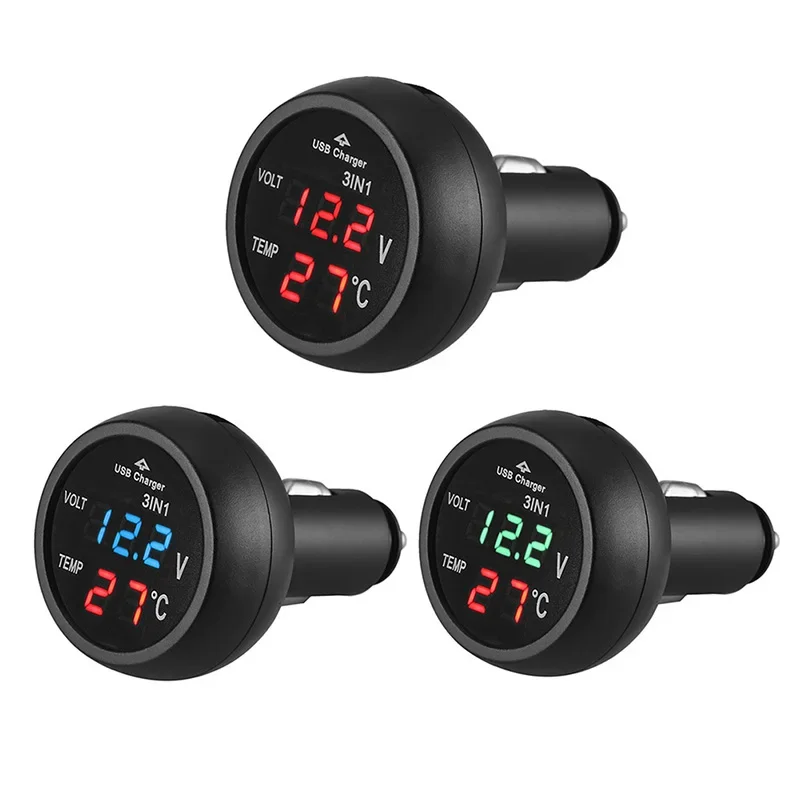 3 in 1 LED Display Car USB Charger Voltmeter Thermometer 12V/24V Digital Meter Monitor Car Battery Monitor Digital Dual Display