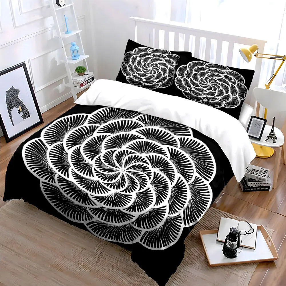 3Pcs Black White Spiral Line Mandala Duvet Cover Set, Abstract Floral Boho Bedding with 1 Duvet Cover 2 Pillowcases, Gift