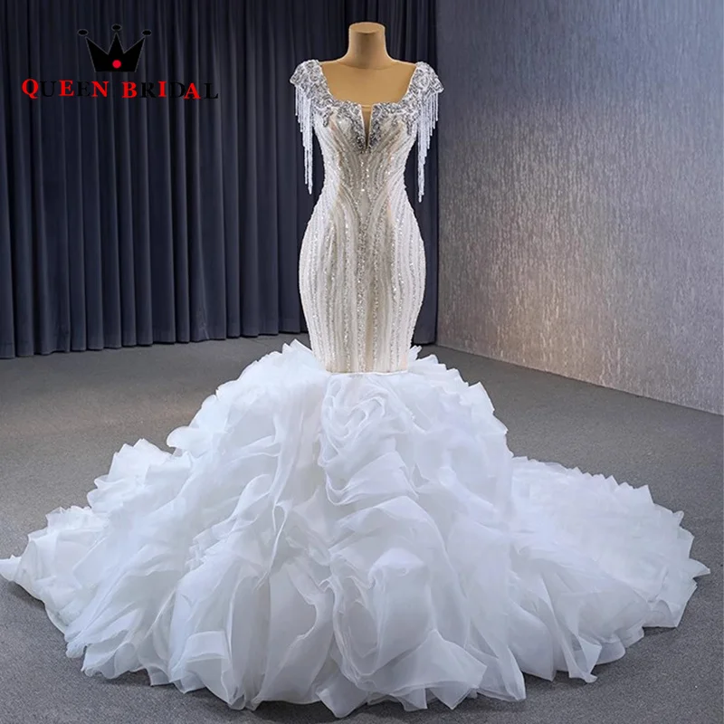 

Luxury Crystal Beading Sequined Wedding Dress Detachable Train Mermaid Square Collar Bridal Gown Vestidos De Novia Custom Y01X