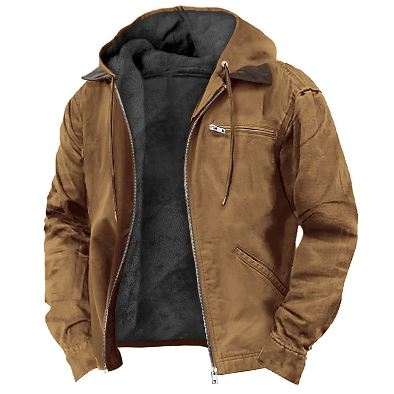 Men's Multi-Pocket Outdoor Hooded Jacket for Autumn & Winter - Casual, Zippered, Solid-Color Fleece-Lined Warm Outerwear