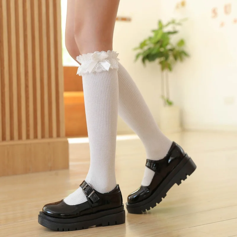 White Lace Lolita Calf Socks JK Socks Female Mid-Calf and Long Length Lace Japanese White Cotton Socks Half Leg Lolita