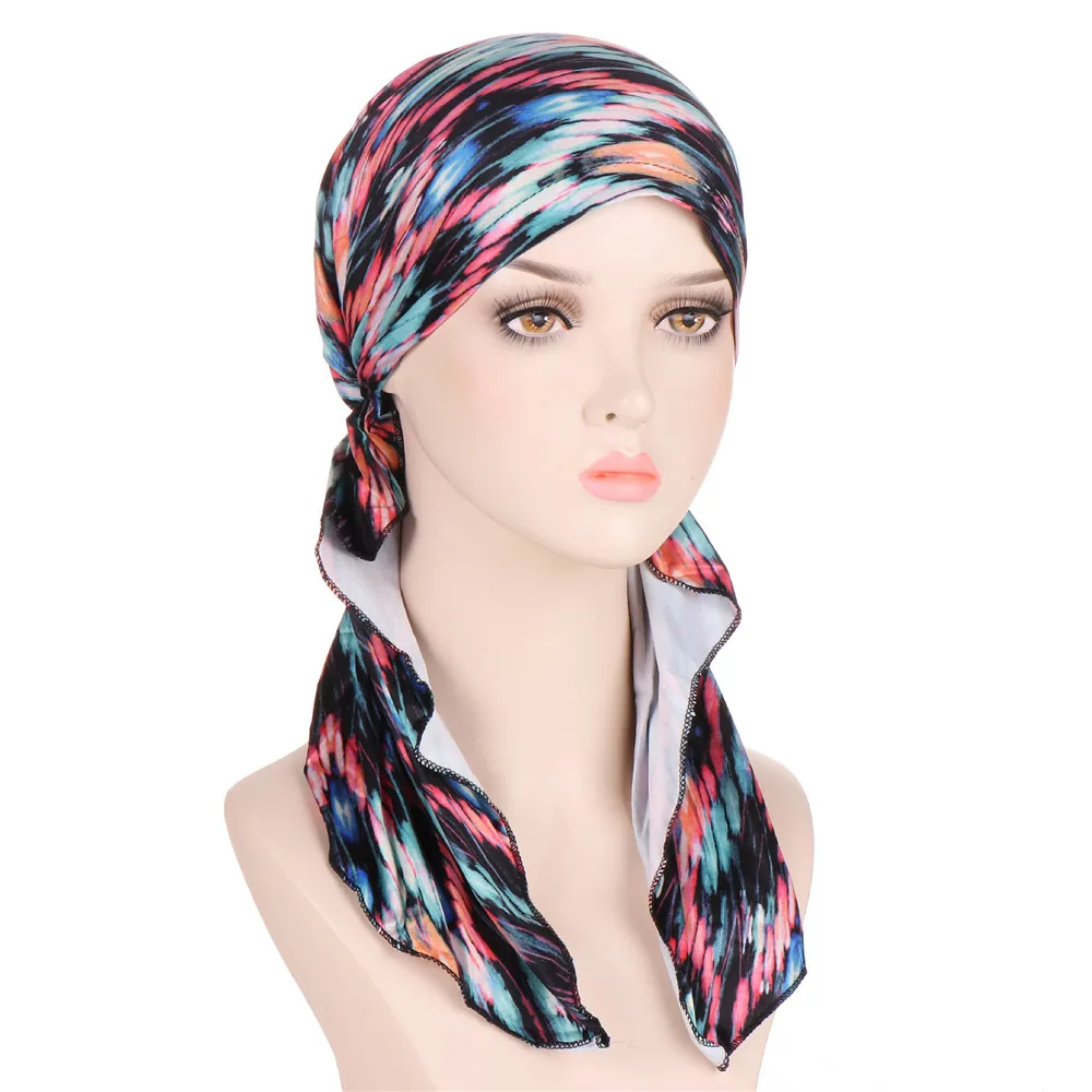 Muslim Women Printed Pre-tied Headscarf Elastic Female Turban Cancer Chemo Hat Hair Loss Cover Head Wrap Headwear Stretch Bandan