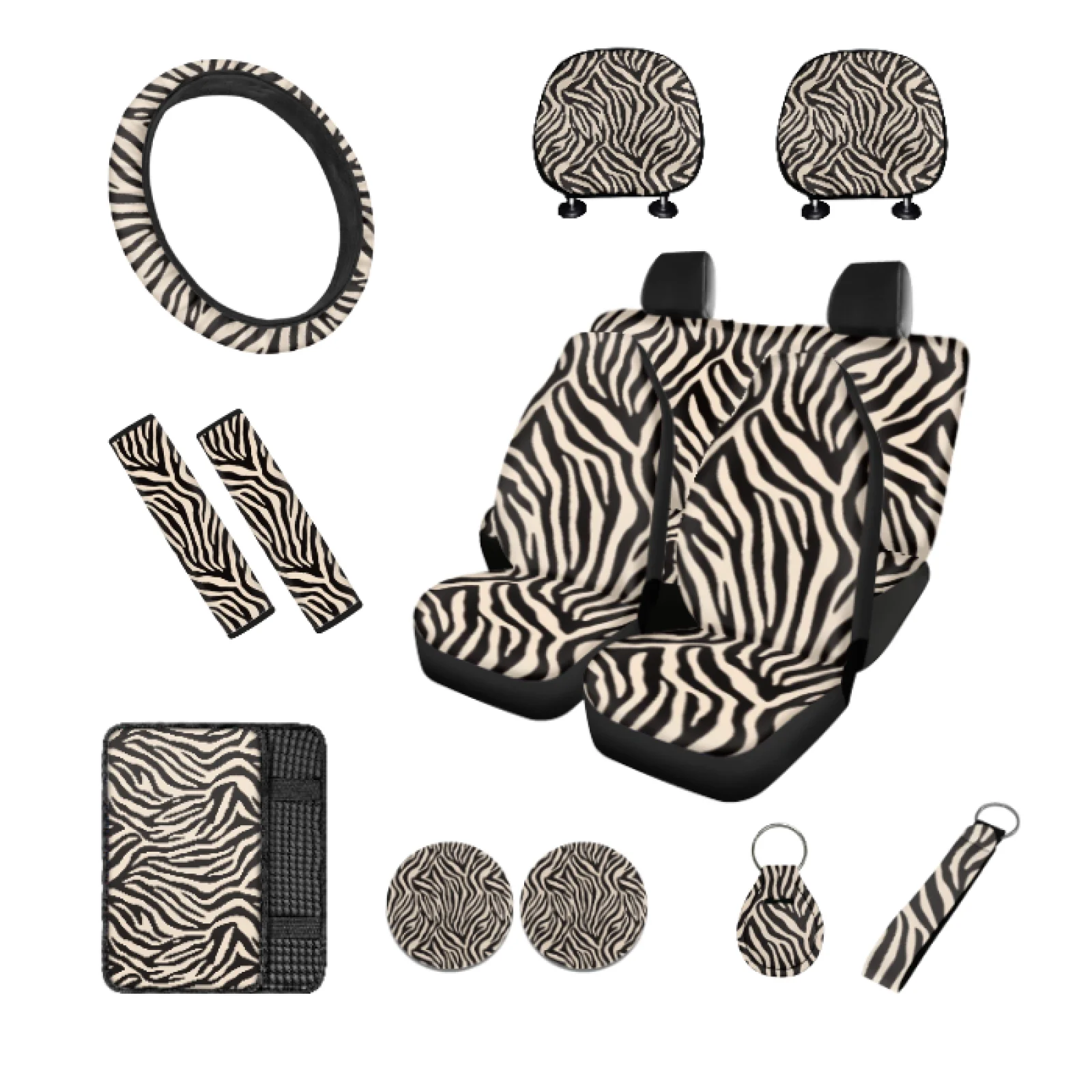 Coloranimal Zebra Print 14 Pcs Car Accessories Set with Wear Resistant Auto Center Console Pad and Key Fob for Auto Interior