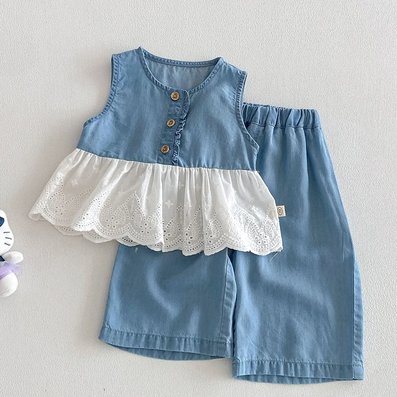 2026 New Summer Toddler Baby Girl Clothes Suit 0-5Yrs Children Clothes Set sleeveless cowboy Splicing vest+pants