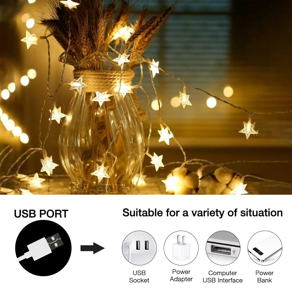 Star Stirng Lights, 3m/6m LED Fairy Twinkle Light USB Powered Warm White for Birthday Party Wedding Christmas Home Decor