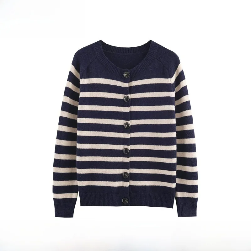 

Faionable Striped Knitted Jaet New Arrival Autumn Winter Women's Street Sle Long Sve round Ne Button up Polyester ...