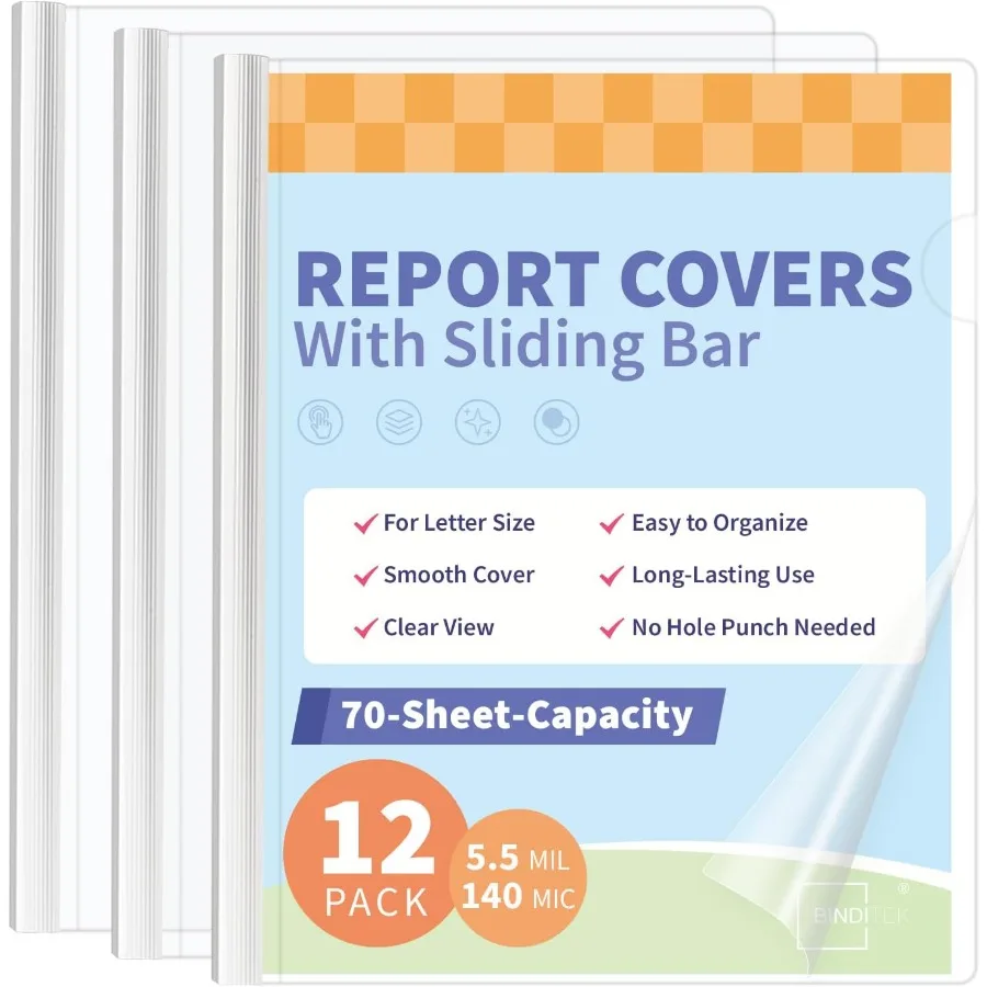 

12 упаковок прозрачных обломок для отчетов с раздвижными стержнями, папка для файлов с раздвижной планкой 9 мм, вместимость 70 листов, размер буквы 5,5 мил, толщина белого цвета для