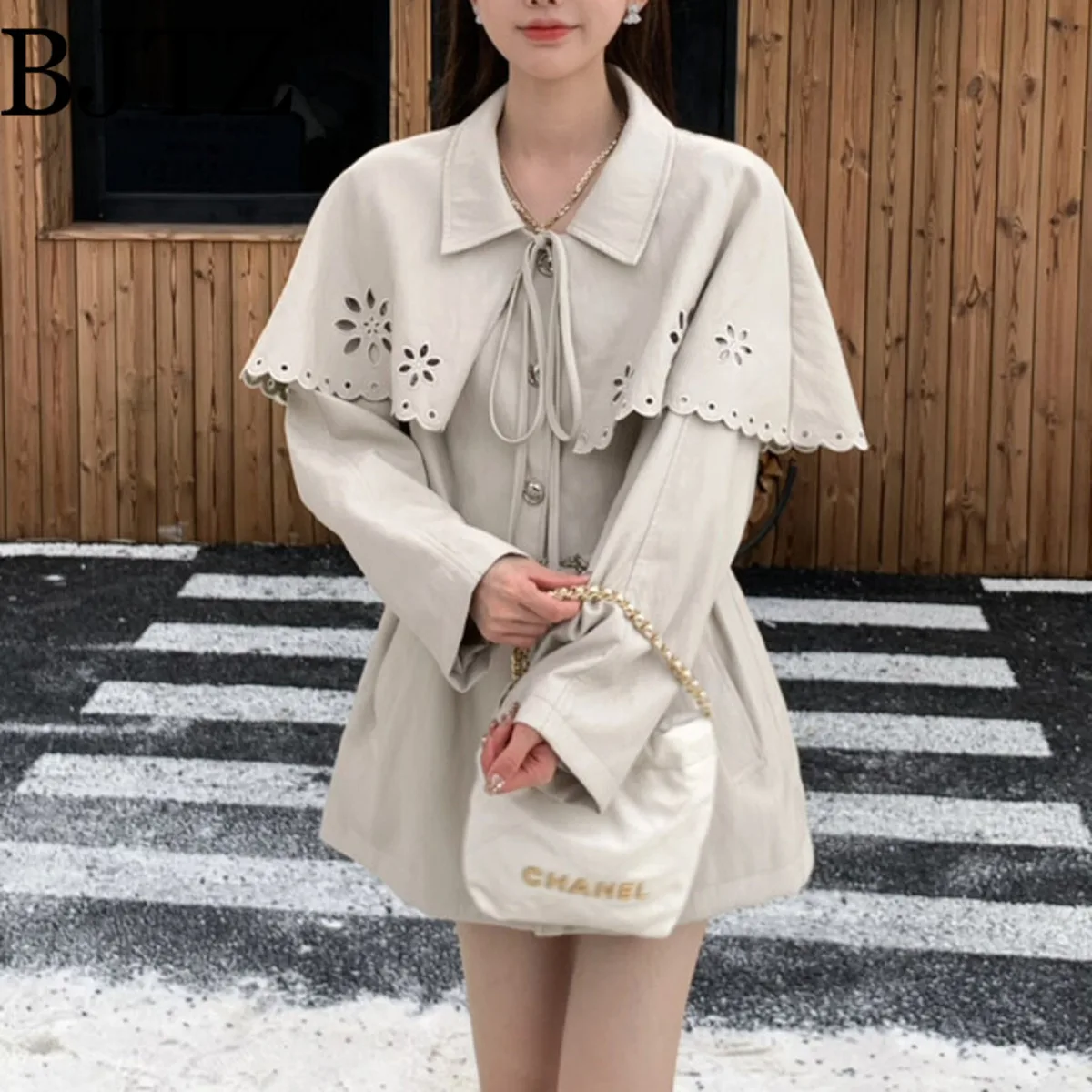 

BJTZ 2025 Autumn Winter Women’s Stylish Openwork Cape Lapel Mid-Length Trench Coat Casual Chic Outerwear Lightweight Windbreaker