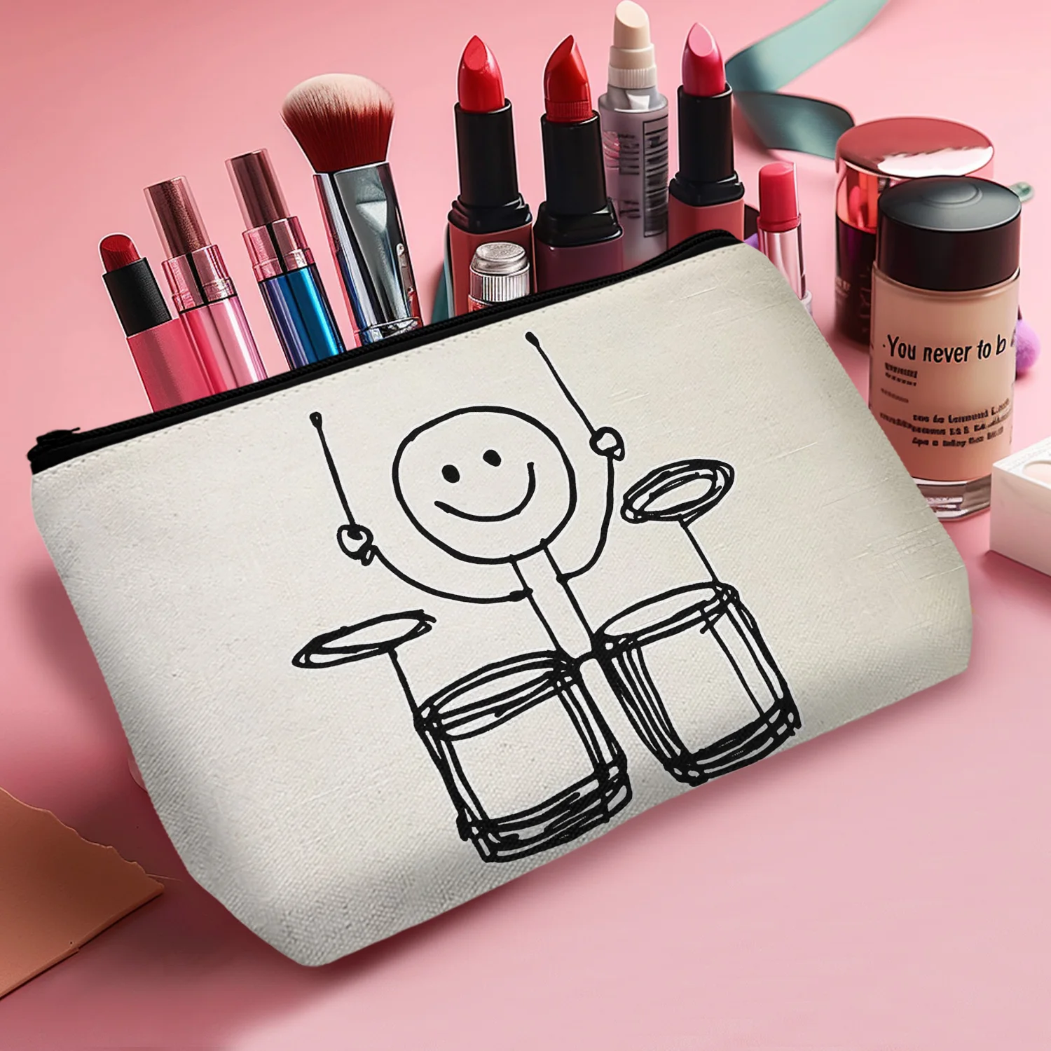 1Pc Sticky Man Playing Drums Pattern Cosmetic Bag Minimalist Abstract Modern Art Personalized Cosmetic Bag With Zipper A