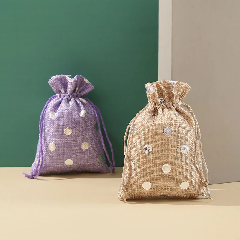 50pcs/Lot 10*14, 13*18cm Silver Dots Pattern Cotton Linen Fabric Bag Drawstring Christmas Gift Pack Bags Wedding Party Pouches