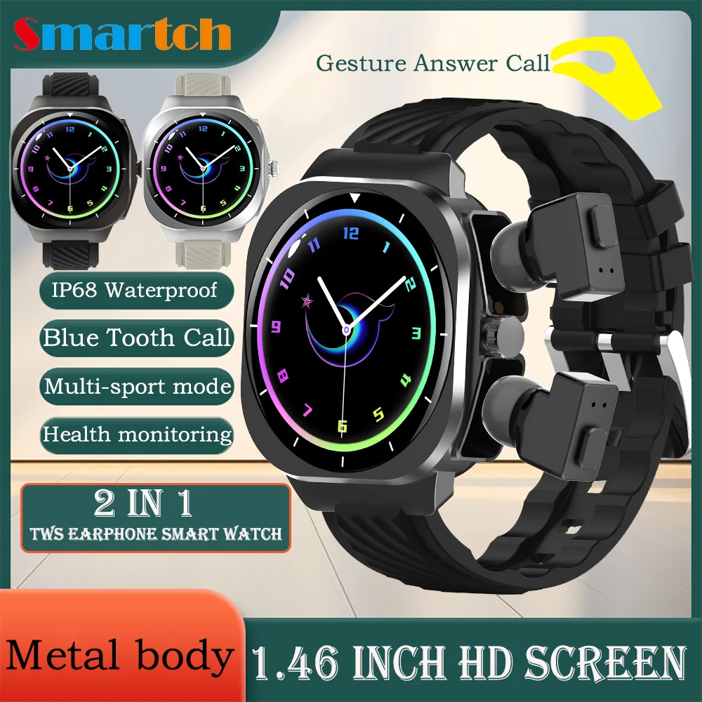 

Смарт-часы для наушников 2 в 1, металлический корпус, IP68, водонепроницаемый контроль жестов, спортивная гарнитура с пульсометром, умные часы, 1,46 дюйма, будильник