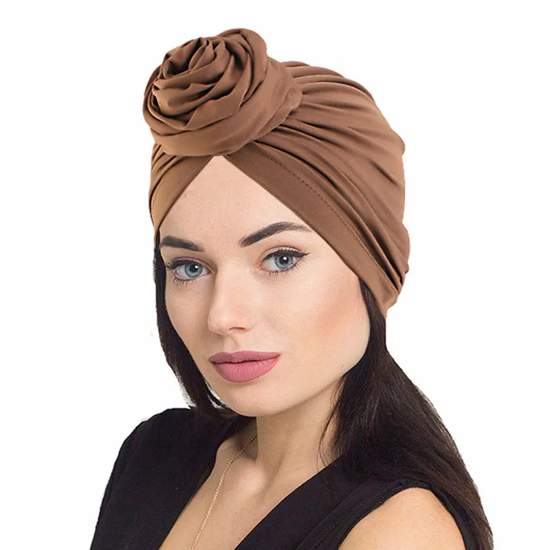 

2024 Women Muslim Flower Turban Hat Solid Color Stretch Bandana Head Wrap Long Scarf Female Party Headwear Cap Hair Accessories