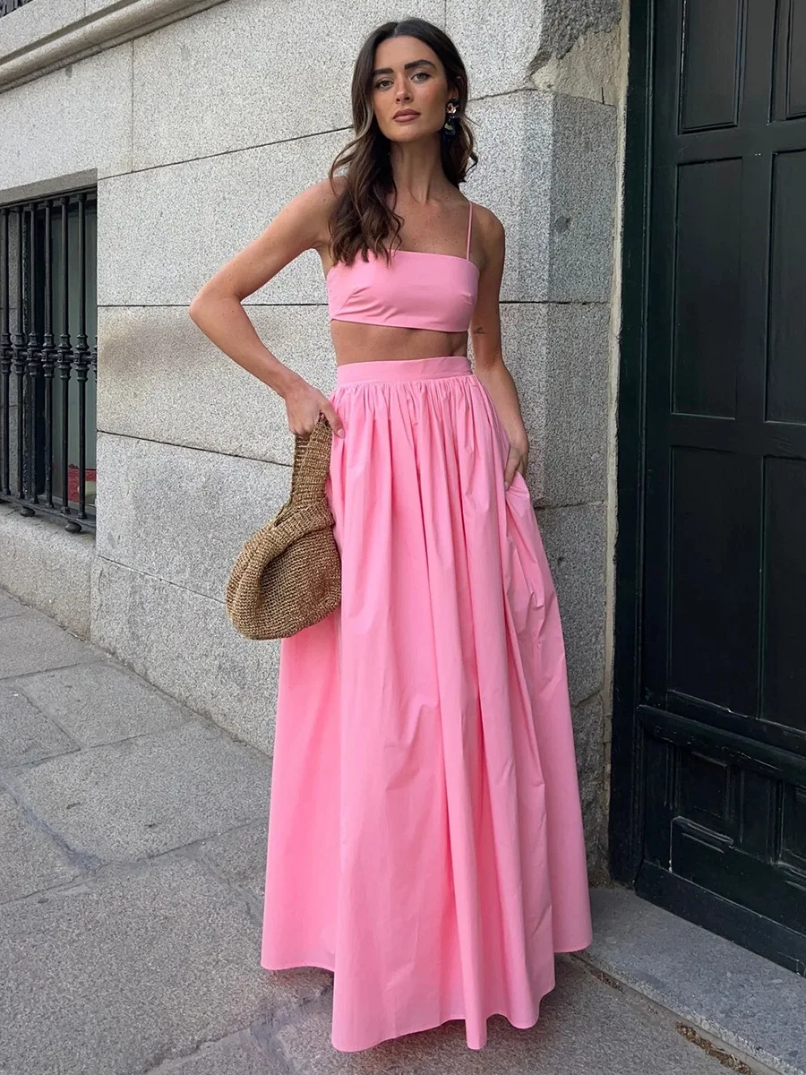 

2025 Summer Chic Elegant Women Sleeveless Mini Crop Tops Long A-Line Party Club Skirt Dress New In Matching Two Piece Set