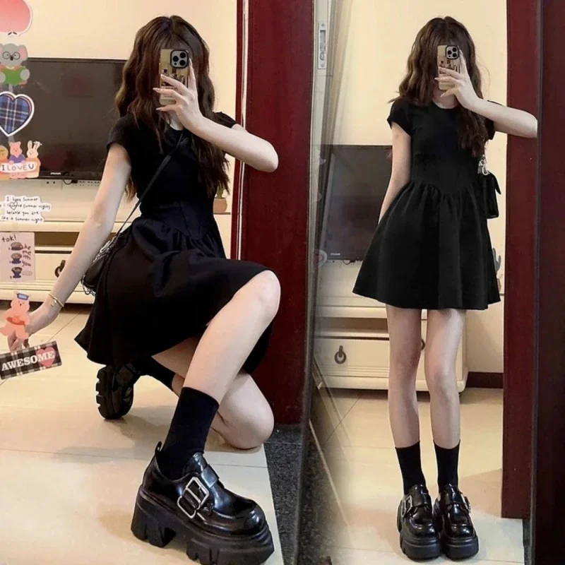 Petite Black Dress High-End Knit Spring Summer Cinched Waist A-Line Slimming O-Neck Short Sleeve Mini Stylish for Junior Ladies