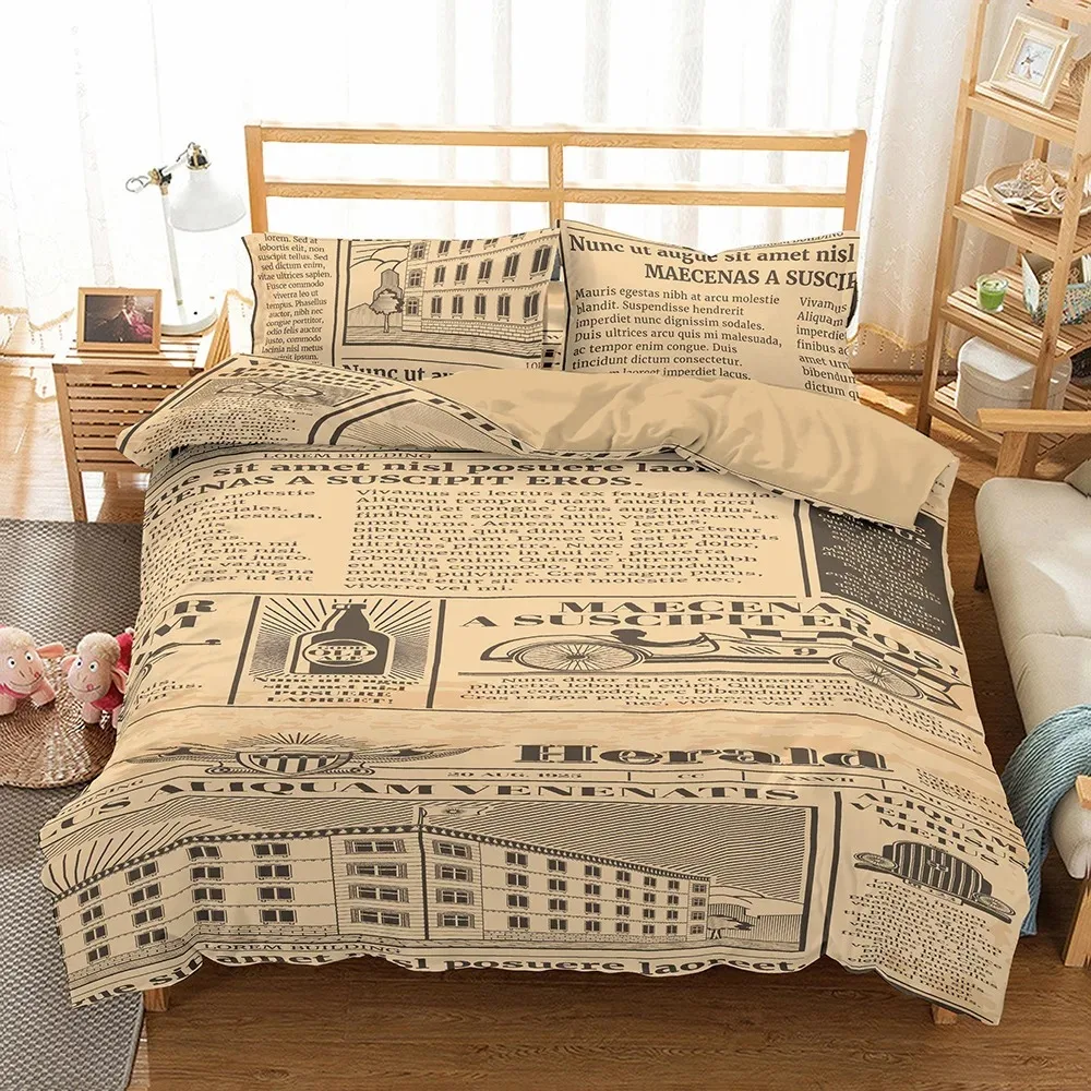 

Old Newspaper Duvet Cover Vintage French Bedding Set Brown Quilt Cover For Boys Girls Teen QueenKing Microfiber Comforter Cover