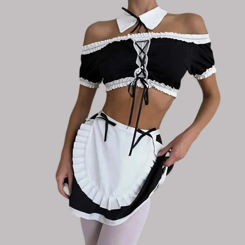

Toucheart Sexy Maid Costume Cosplay Romantic Contrast Color Party Costume Slim Hollow Out Interesting Seductive Underwear Set