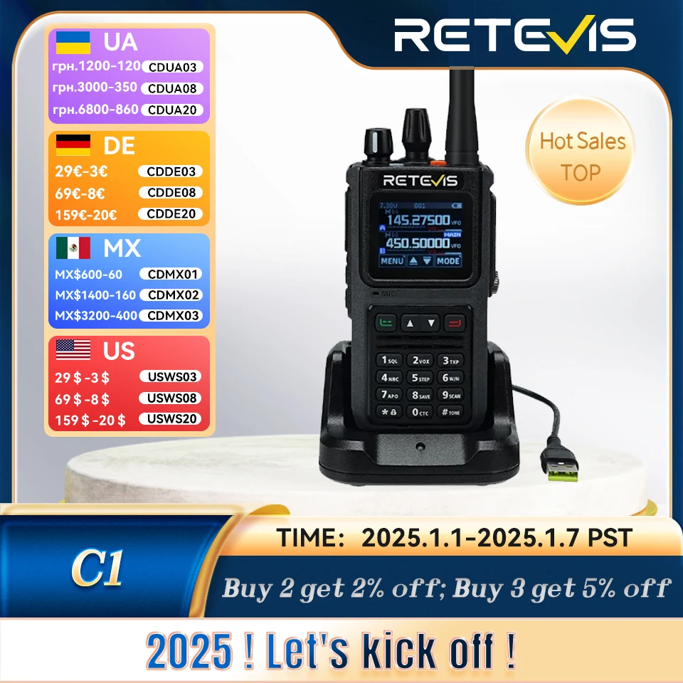 Retevis C1 Walkie Talkie 5W Long Range Communication Handy Ham Two-way Radio Camping Walkie-Talkie UHF VHF Amateur Station