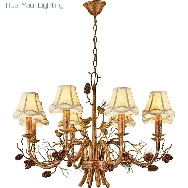 Rustic Chandelier American Style Vintage Pendant Lights Fabric Shade Brown Crack Antique Finish Hanging Chandelier for Living