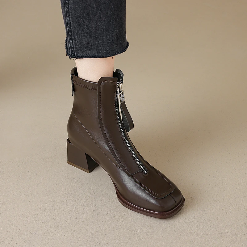 2026 New Women's Soft Super Fiber Short Boots with Square Toe, Thick Heel, Zipper, Solid Color Added 32-43