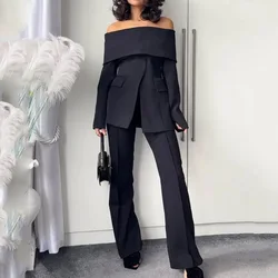 Women Two Piece Sets Sexy Pants Set Off Shouler Full Sleeve Slim Blazer Tops Wide Leg Long Pants Suits Elegant Splice Summer