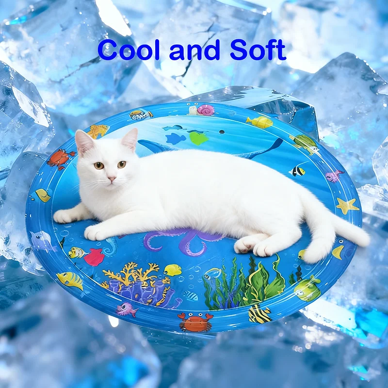 65/100CM Thickened Cat Water Play Mat Dog Playmat Fish Sea Ocean Theme Pet Sensory Playing Crawling Induction Gift Toy