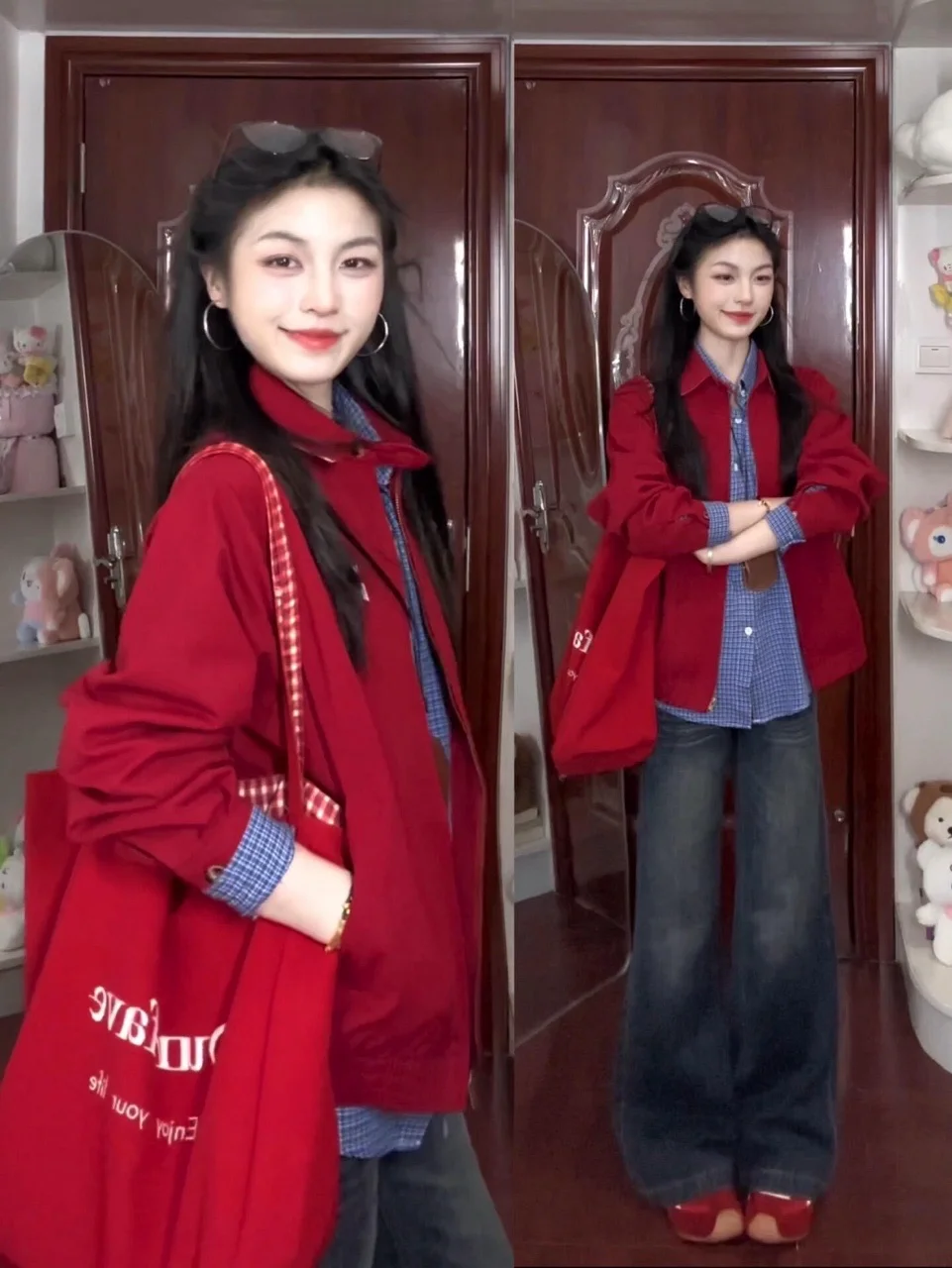 

American Sle Vintage Red Stand Collar Baseball Jaet Women's Loose Trendy Brand Zipper Open Cardigan Jaet Autumn Wear