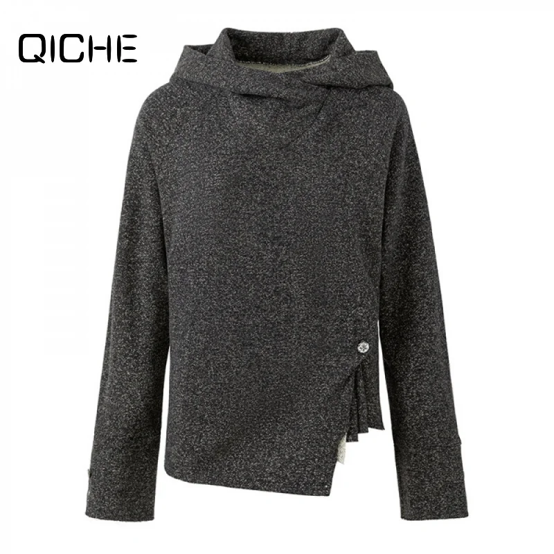 QICHE Men Women Textured Hooded Knit Top Light Alt Style Draped Collar Irregular Roll‑Edge Hem Loose Unisex Sweatshirt