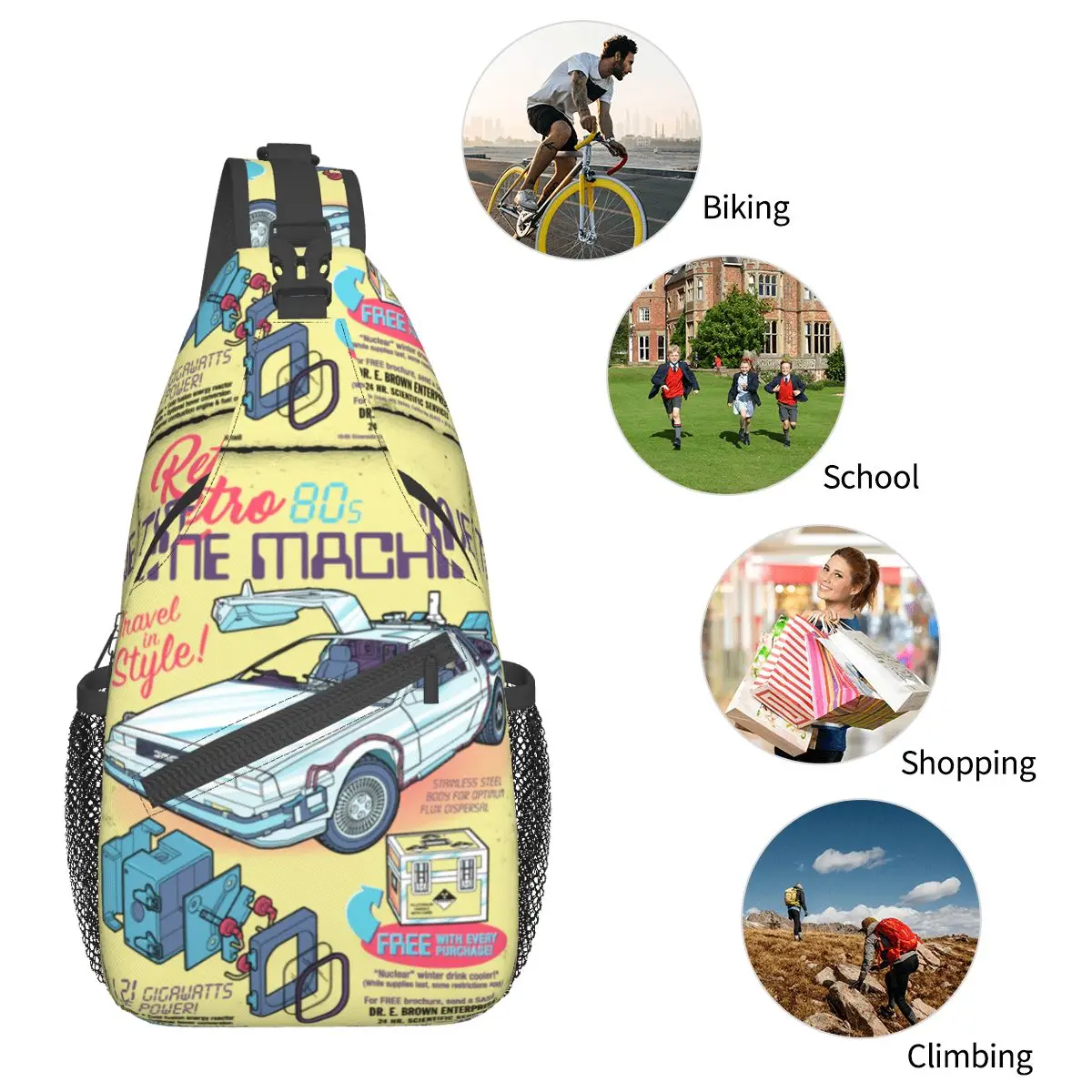 Retro Time Machine Small Sling Bags Peito Crossbody Shoulder Sling Mochila Outdoor Sports Daypacks Back to the Future Impresso