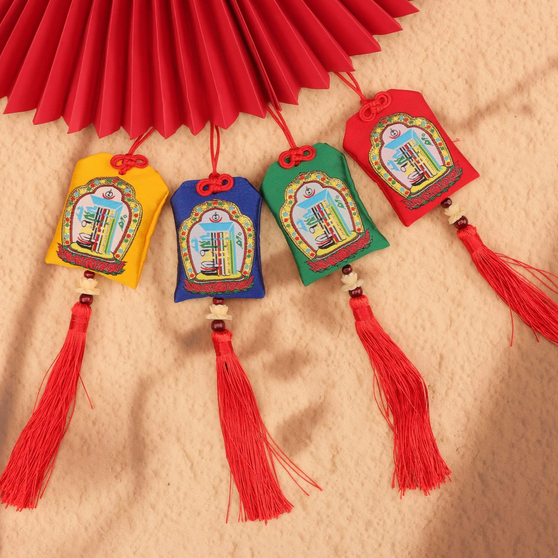 Ten Auspicious Symbols Embroidered Empty Sachet Pendant With Tassel Lucky Hanging Charm For Bag Temple Scenic Spot Souvenir Gift