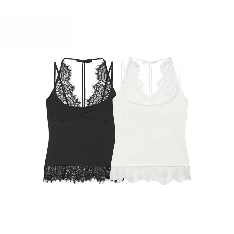 Fashionable Sexy Lace Splice Hanging Neckline Top Women's T-shirt Standard Fit Polyester Material No Sleeve 2026 Autumn Colle...
