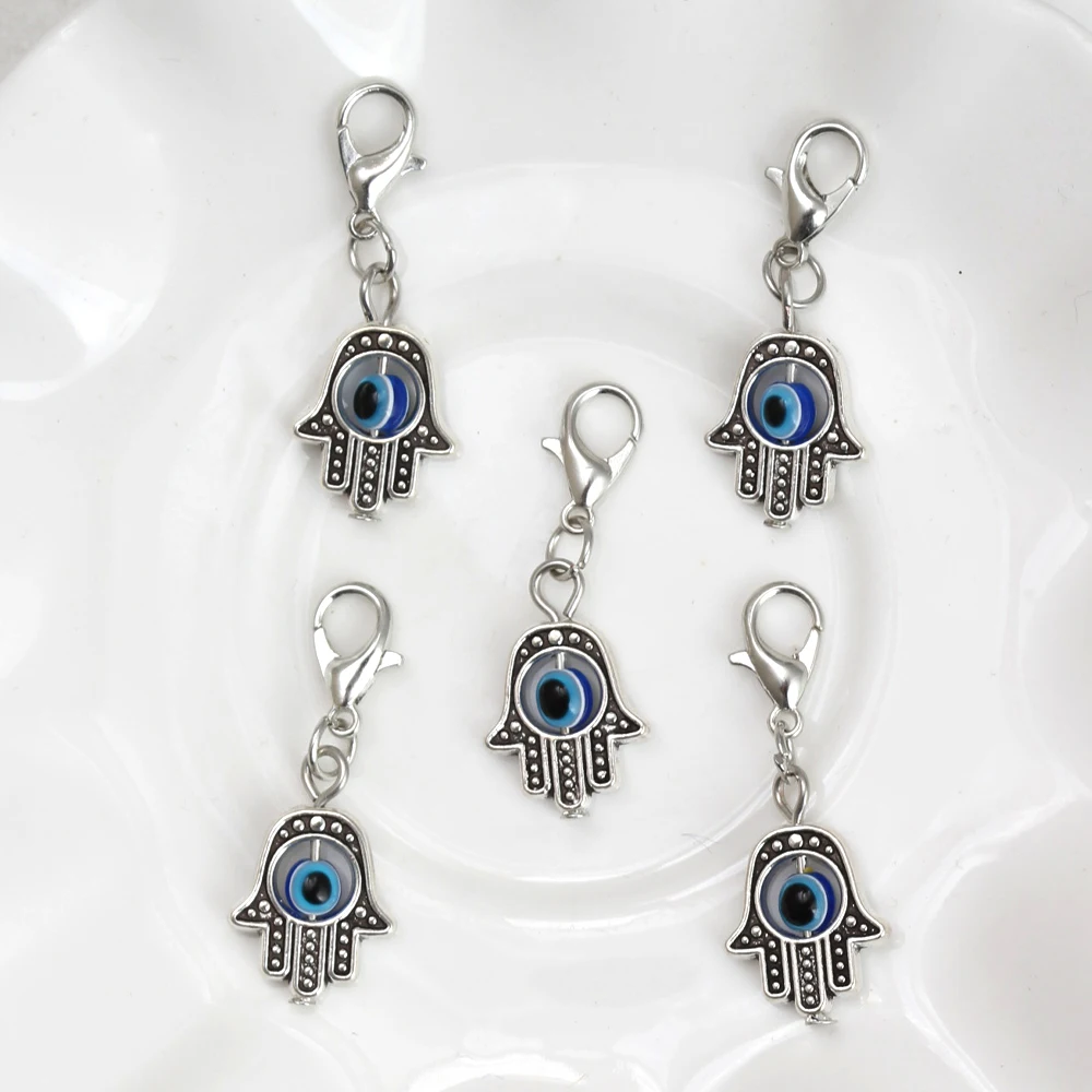 10pcs/lot 35*13mm Evil Eye Beads Hamsa Hand Charms Pendent Lobster Clasp Pendant Key Chain Jewelry Accessories